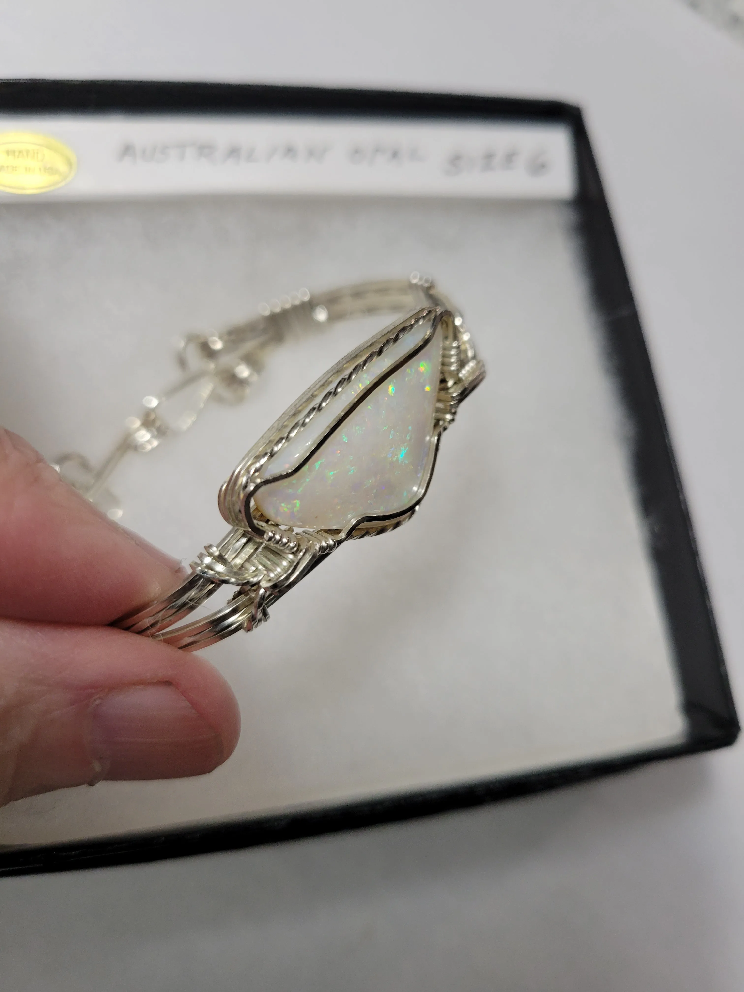 Custom Wire Wrapped Lightning Ridge Australian Opal Bracelet Size 6 1/4  Sterling Silver