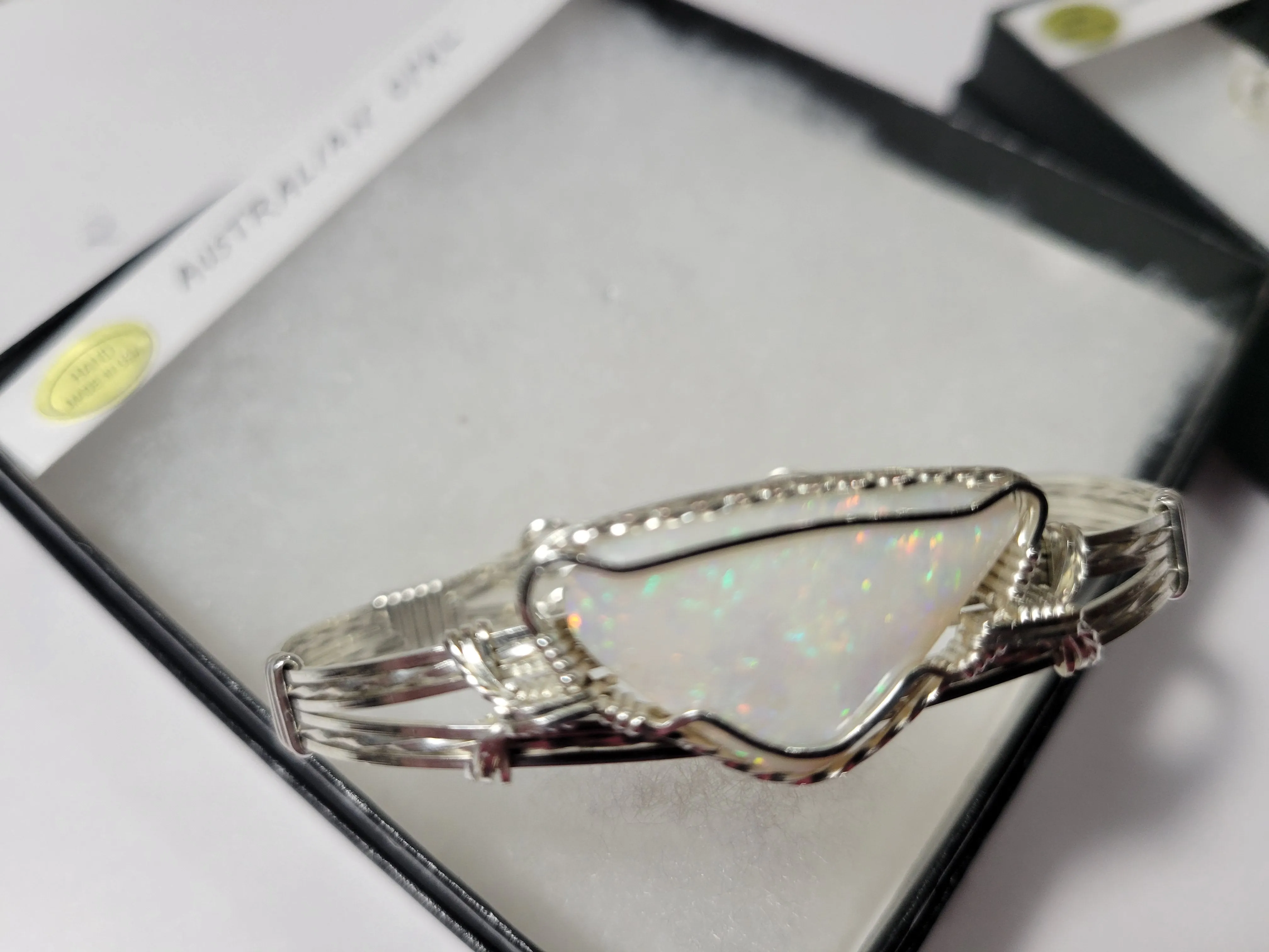 Custom Wire Wrapped Lightning Ridge Australian Opal Bracelet Size 6 1/4  Sterling Silver