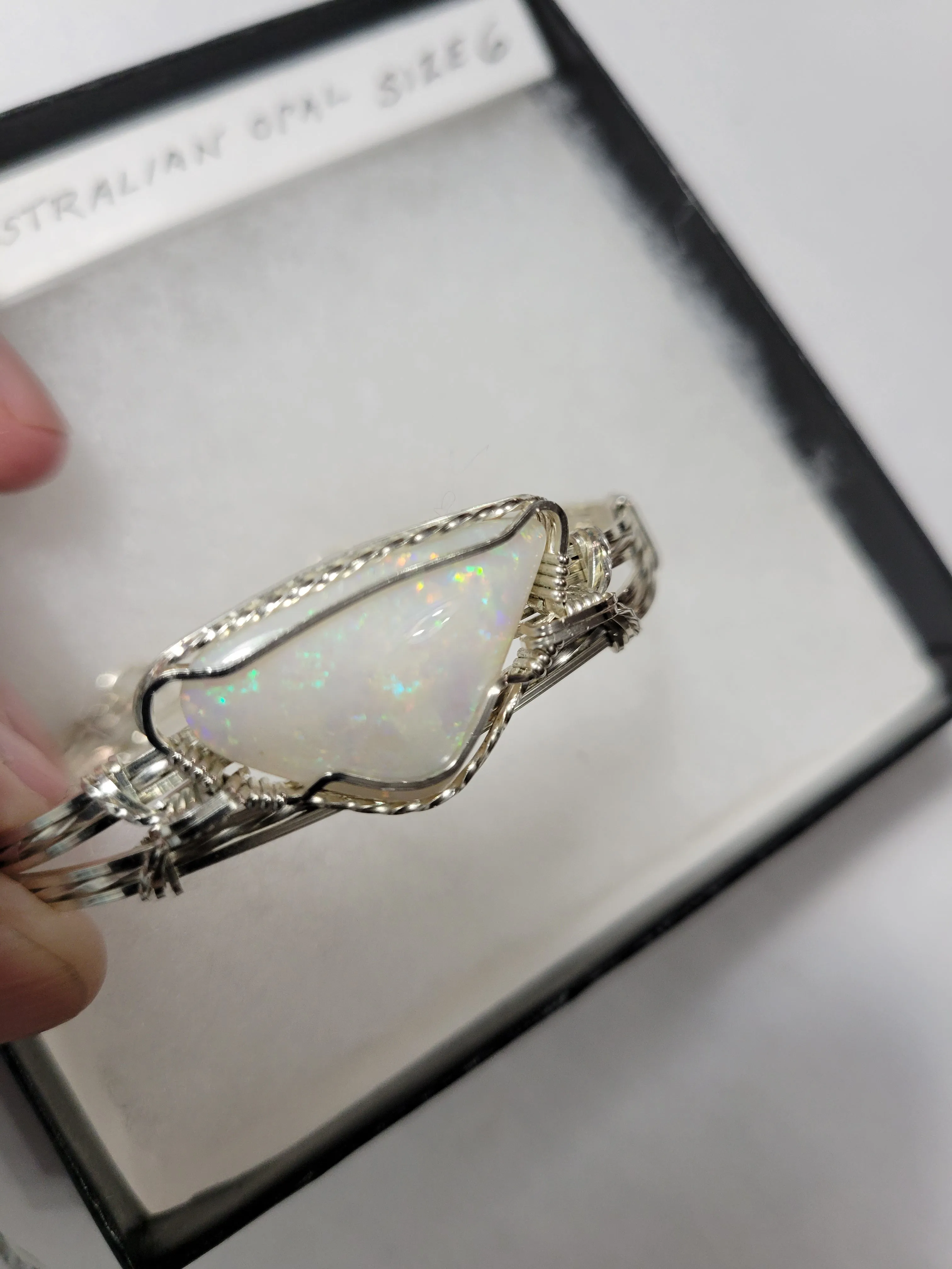 Custom Wire Wrapped Lightning Ridge Australian Opal Bracelet Size 6 1/4  Sterling Silver