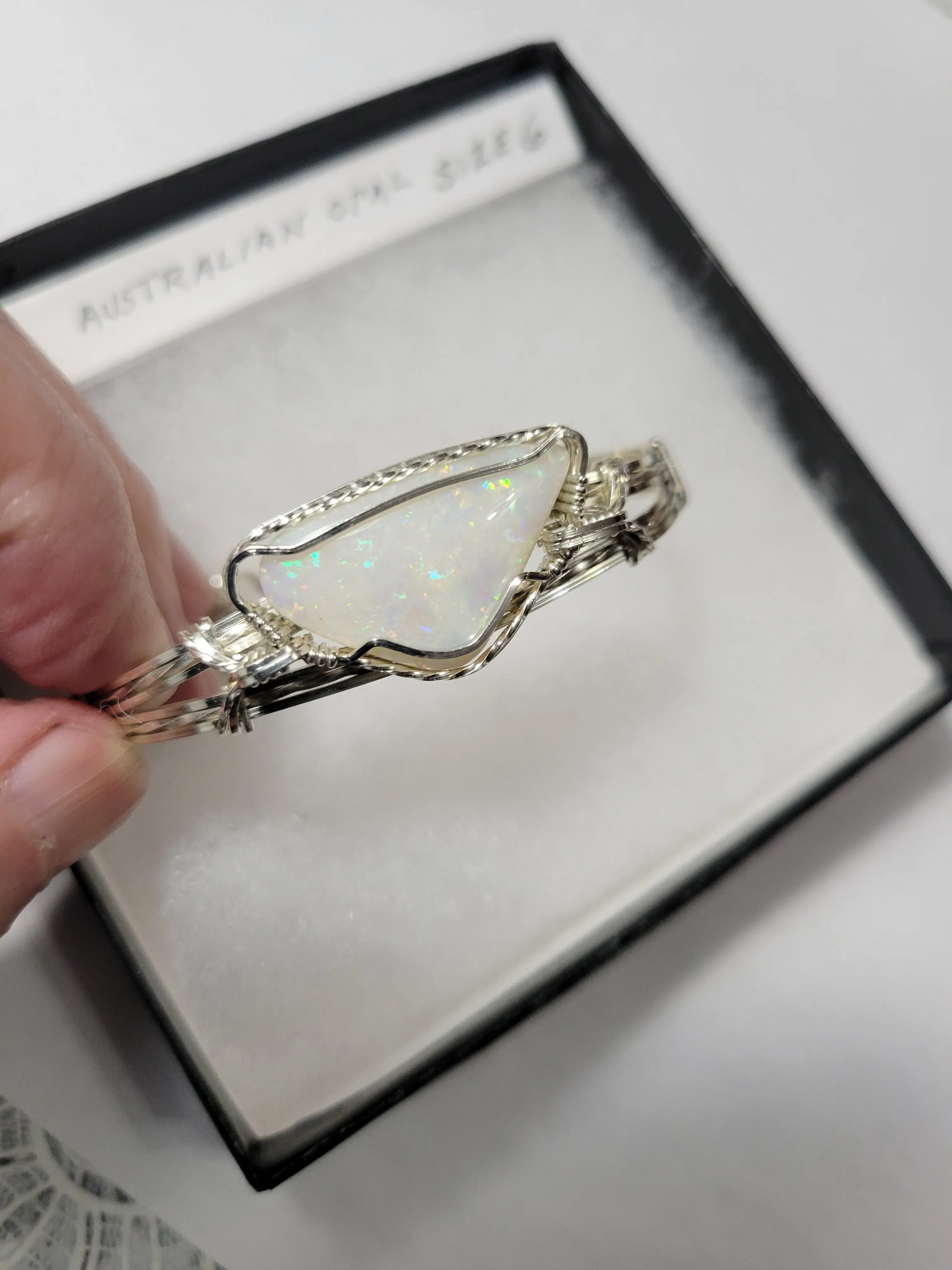 Custom Wire Wrapped Lightning Ridge Australian Opal Bracelet Size 6 1/4  Sterling Silver