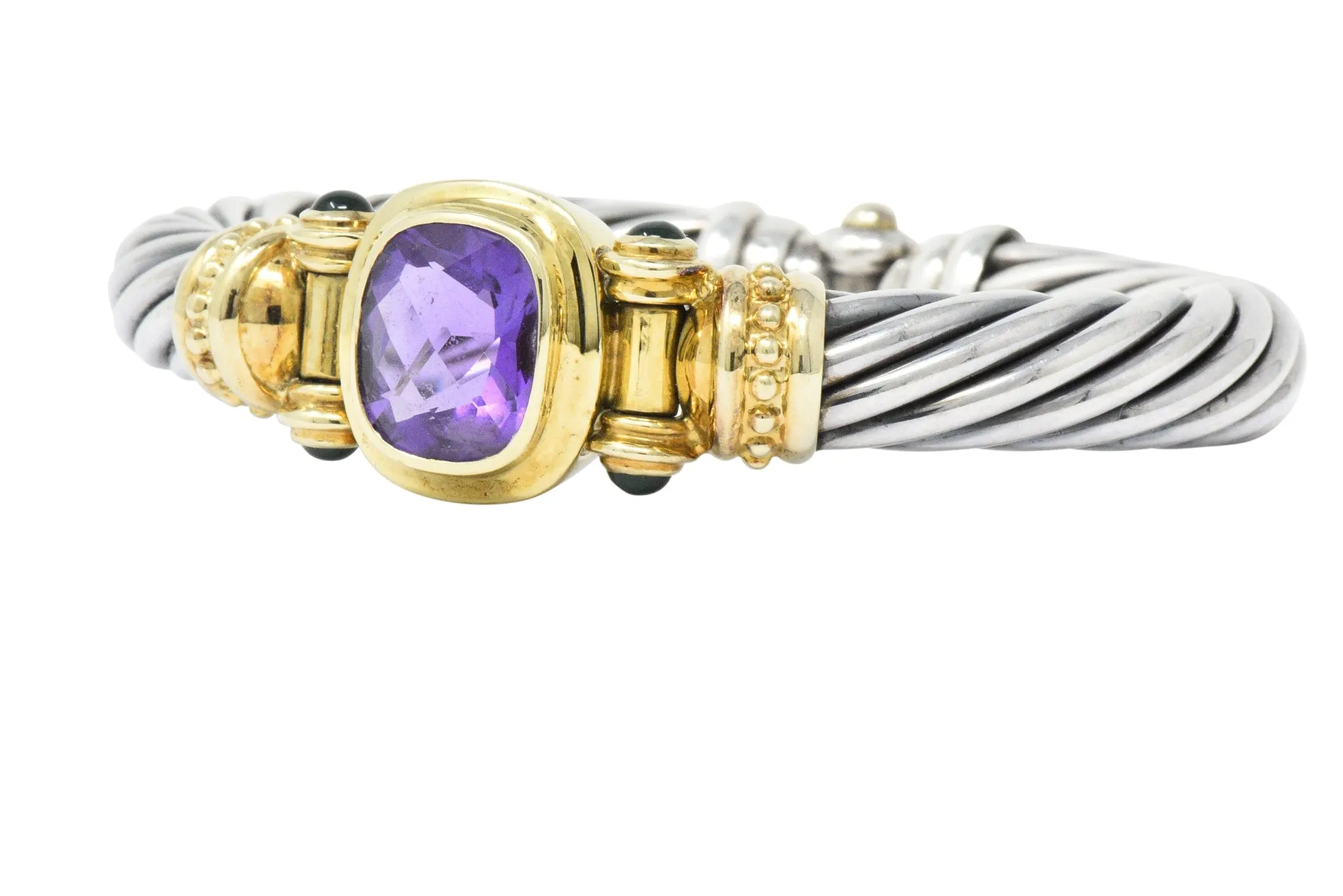 David Yurman Amethyst Green Onyx Sterling Silver 14 Karat Gold Cable Bracelet
