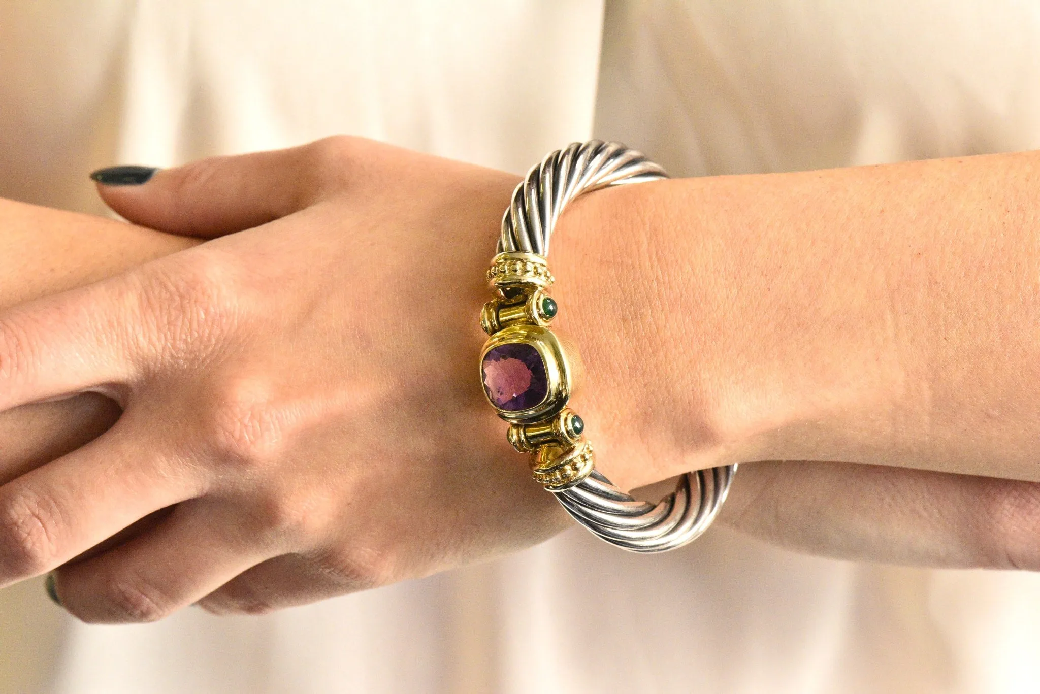 David Yurman Amethyst Green Onyx Sterling Silver 14 Karat Gold Cable Bracelet