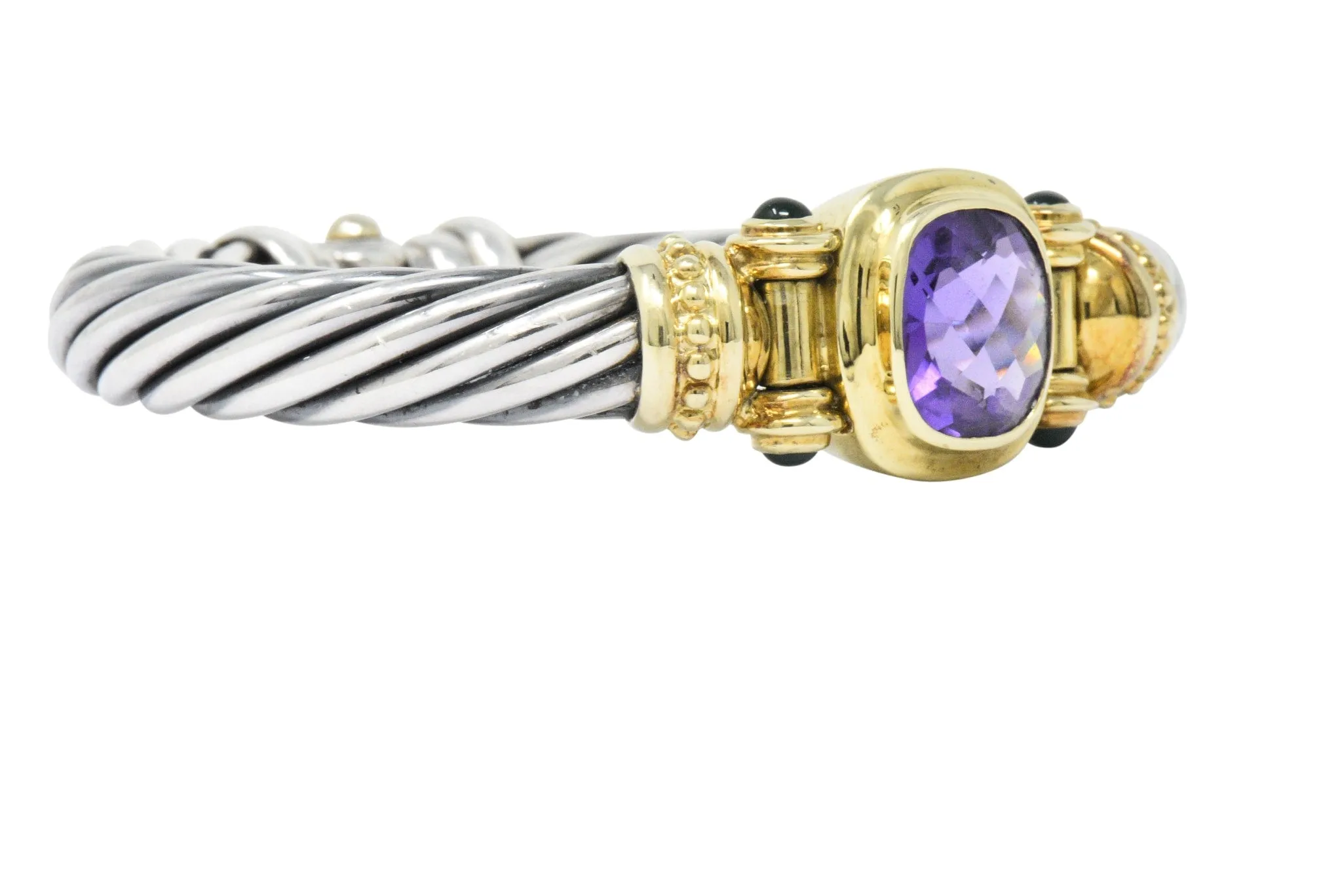 David Yurman Amethyst Green Onyx Sterling Silver 14 Karat Gold Cable Bracelet