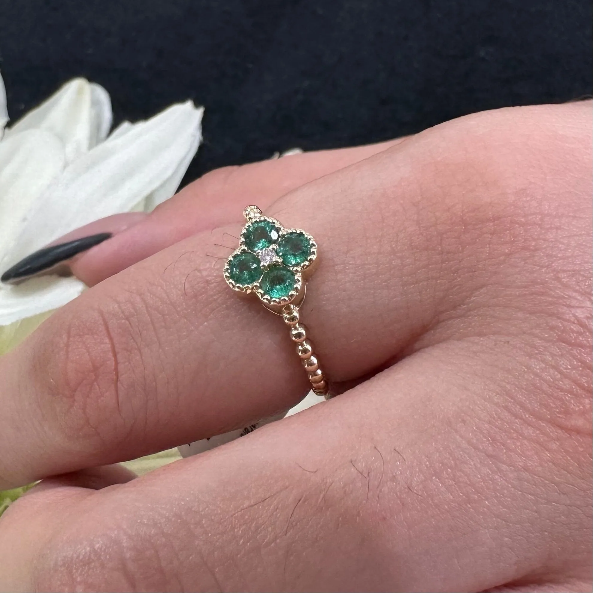 Diamond Emerald Clover Flower Ring - 5