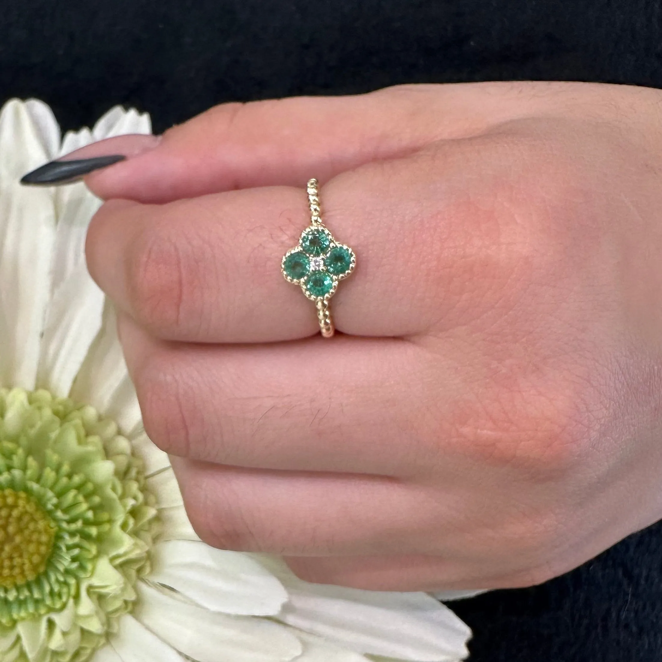 Diamond Emerald Clover Flower Ring - 5
