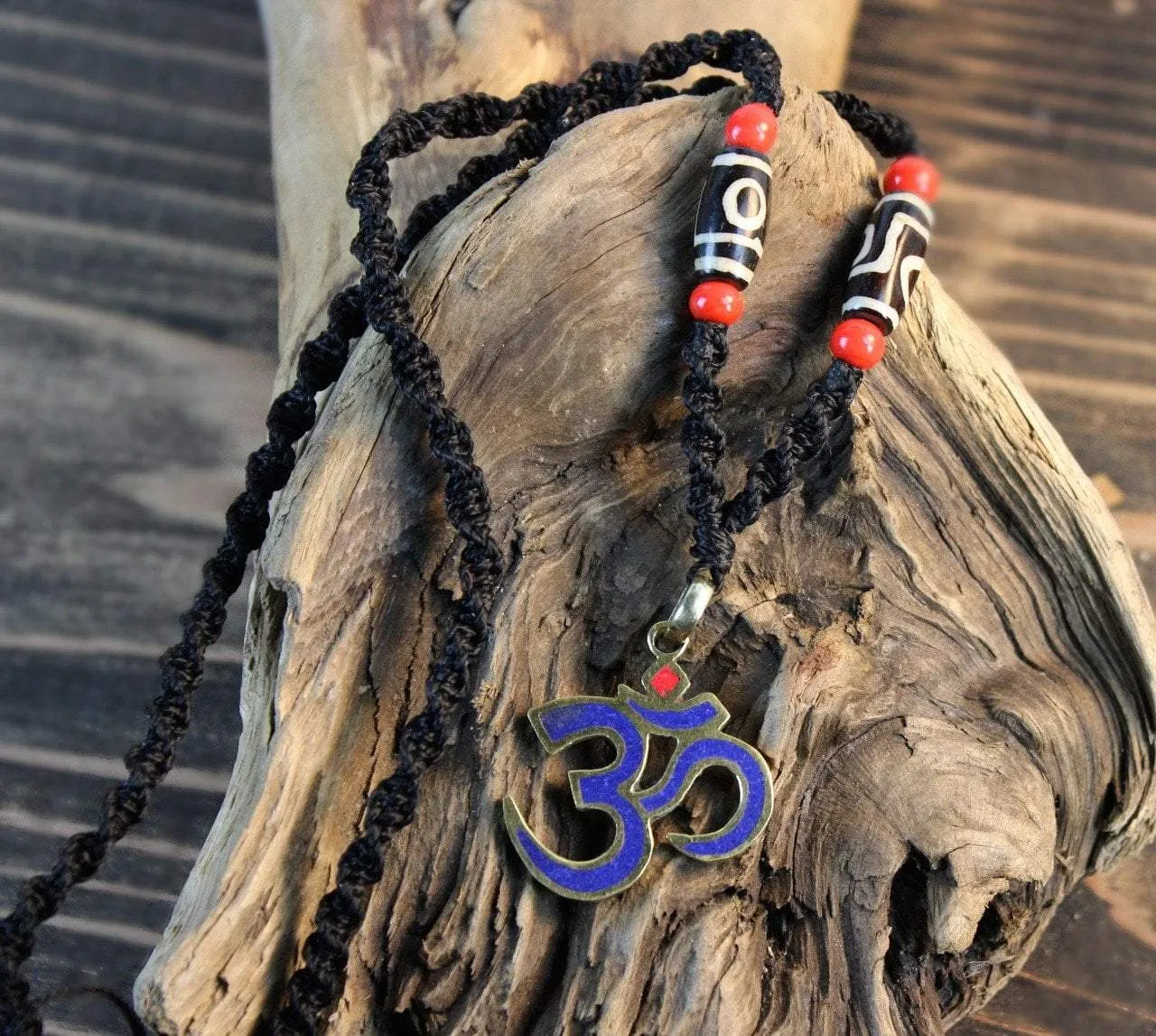 Dzi Bead and Lapis Om Necklace