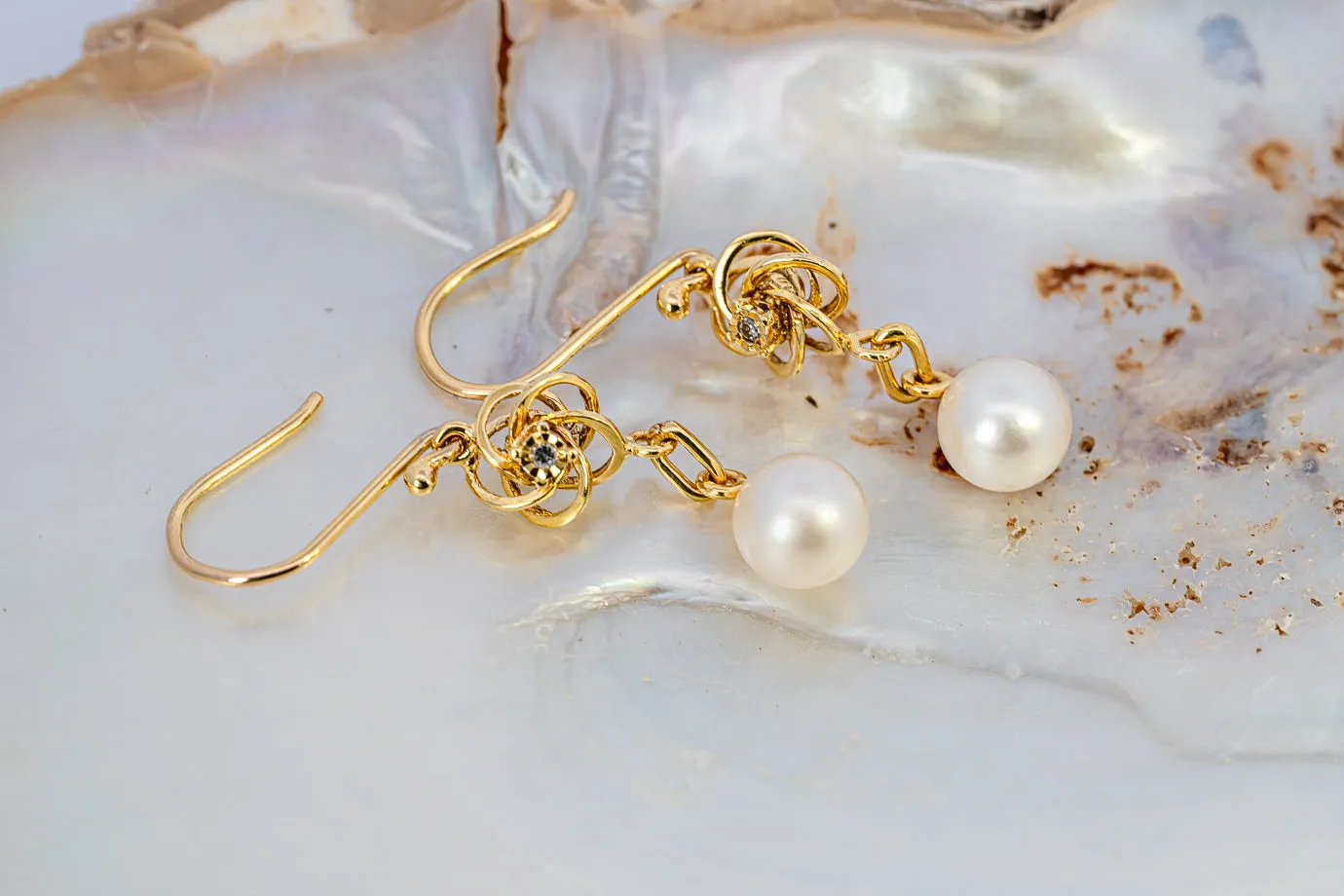 Elegant Preloved 9ct Yellow Gold Diamond & Cultured Pearl Drop Earrings
