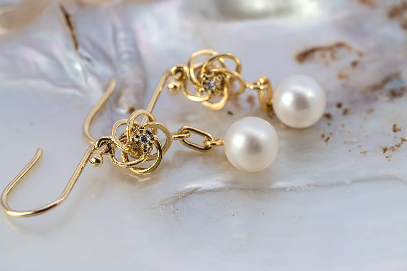 Elegant Preloved 9ct Yellow Gold Diamond & Cultured Pearl Drop Earrings