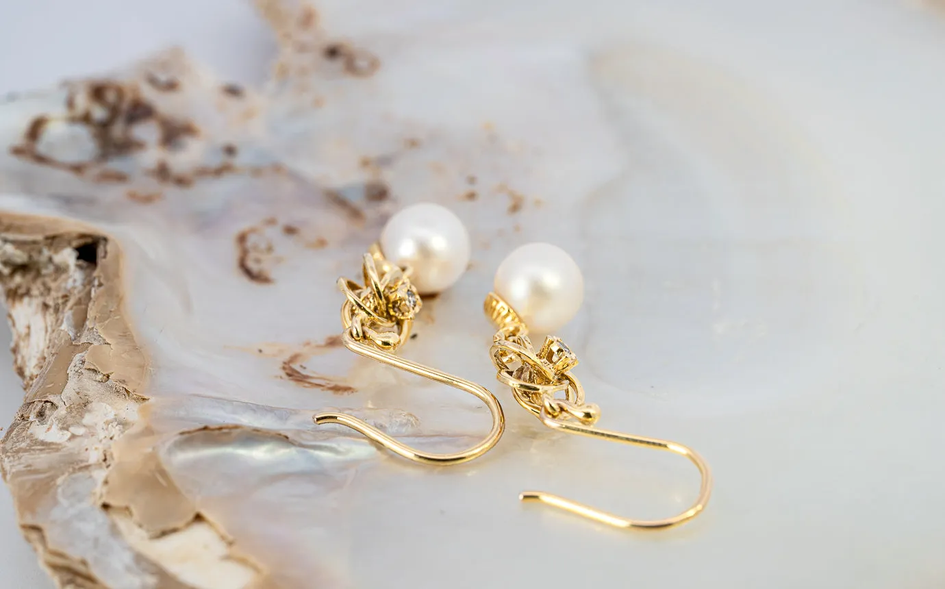 Elegant Preloved 9ct Yellow Gold Diamond & Cultured Pearl Drop Earrings