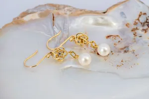 Elegant Preloved 9ct Yellow Gold Diamond & Cultured Pearl Drop Earrings