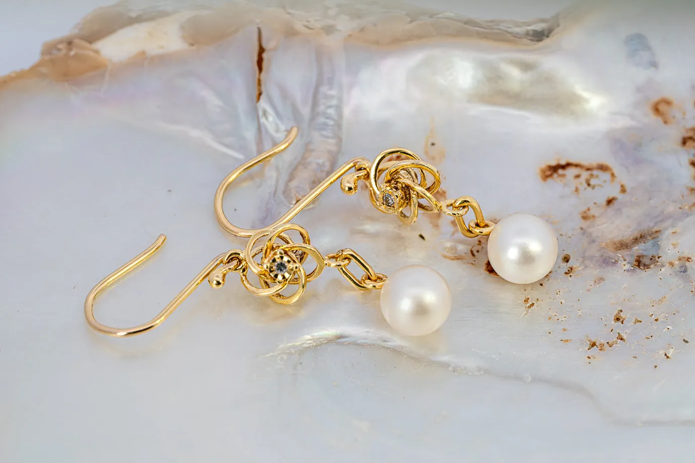 Elegant Preloved 9ct Yellow Gold Diamond & Cultured Pearl Drop Earrings