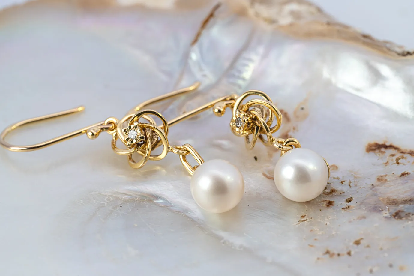 Elegant Preloved 9ct Yellow Gold Diamond & Cultured Pearl Drop Earrings
