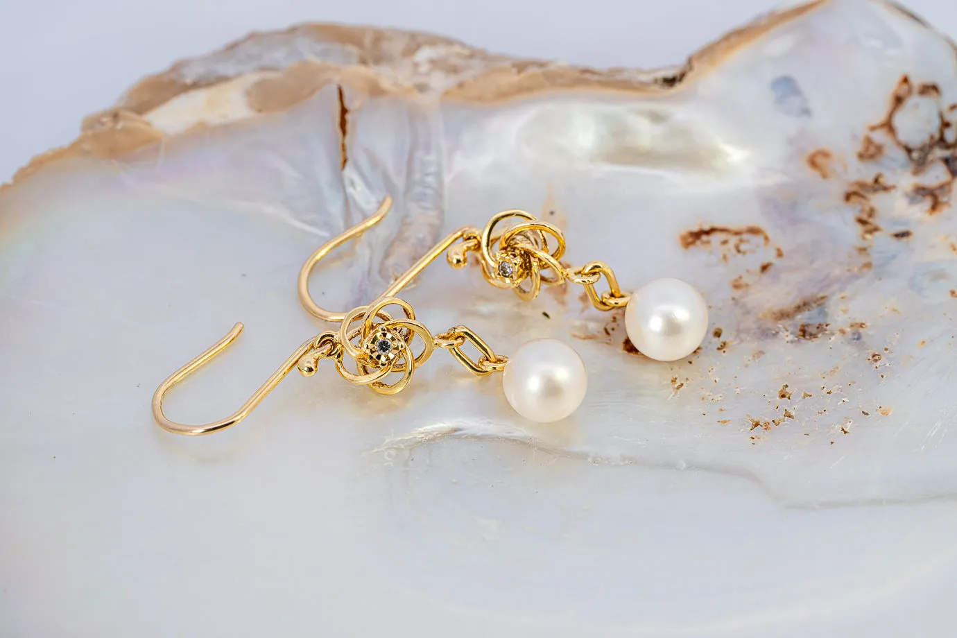 Elegant Preloved 9ct Yellow Gold Diamond & Cultured Pearl Drop Earrings