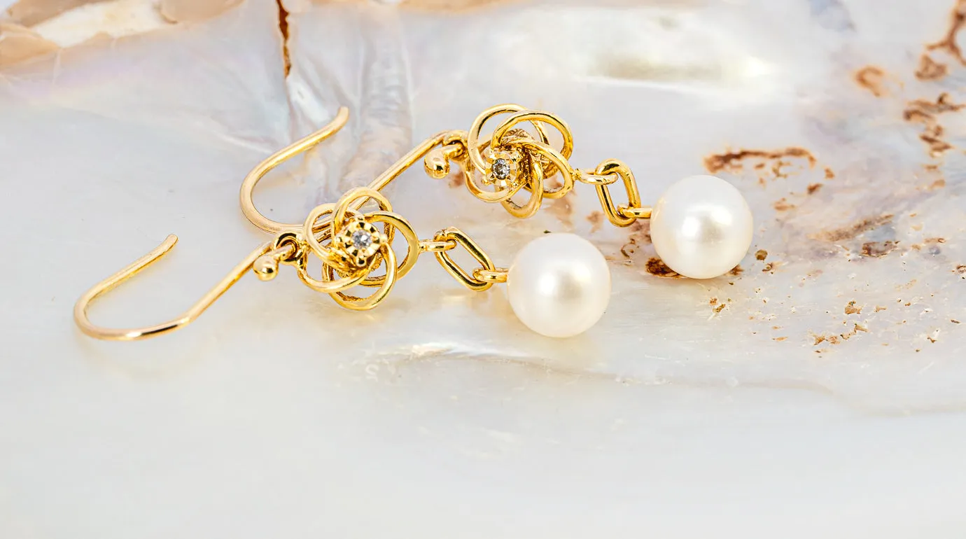 Elegant Preloved 9ct Yellow Gold Diamond & Cultured Pearl Drop Earrings