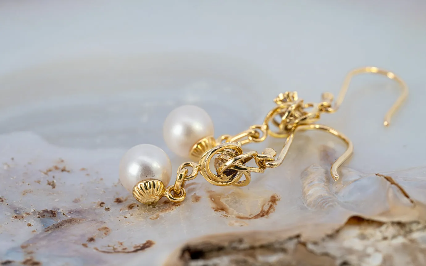 Elegant Preloved 9ct Yellow Gold Diamond & Cultured Pearl Drop Earrings