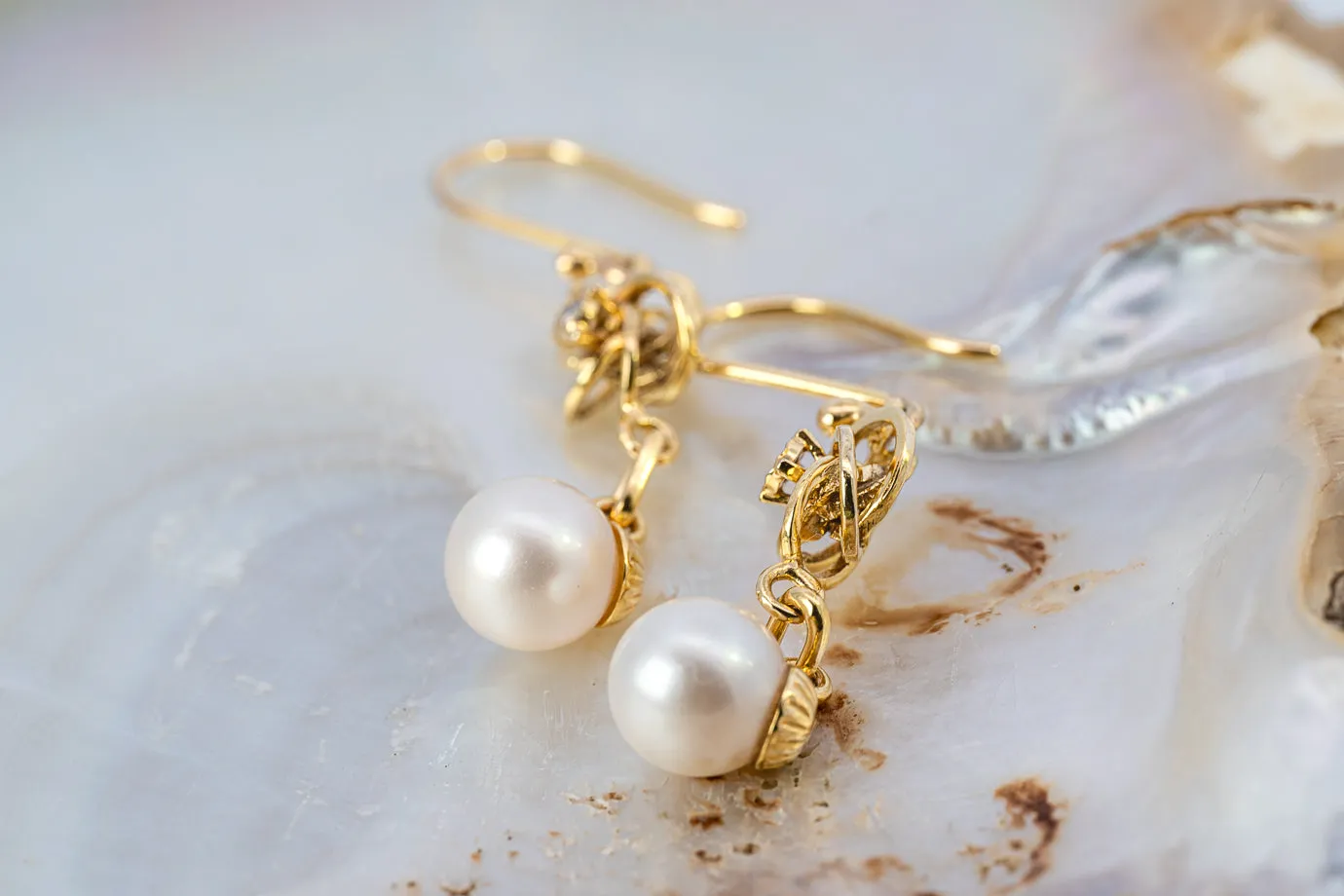 Elegant Preloved 9ct Yellow Gold Diamond & Cultured Pearl Drop Earrings