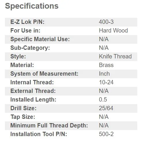 EZ-400-3 E-Z Knife™ Threaded Insert for Hard Wood - Brass - 10-24 (Pack of 25)