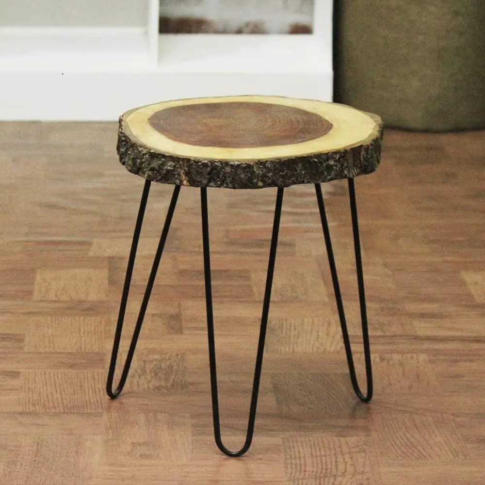 FANTASTIC STORE 9 Antique Wooden End Table | Small Side Table | Corner Stool Plant Stand for Bedroom, Living Room (Black Foldable Metal Legs) sheesham Wood with bark | Brown