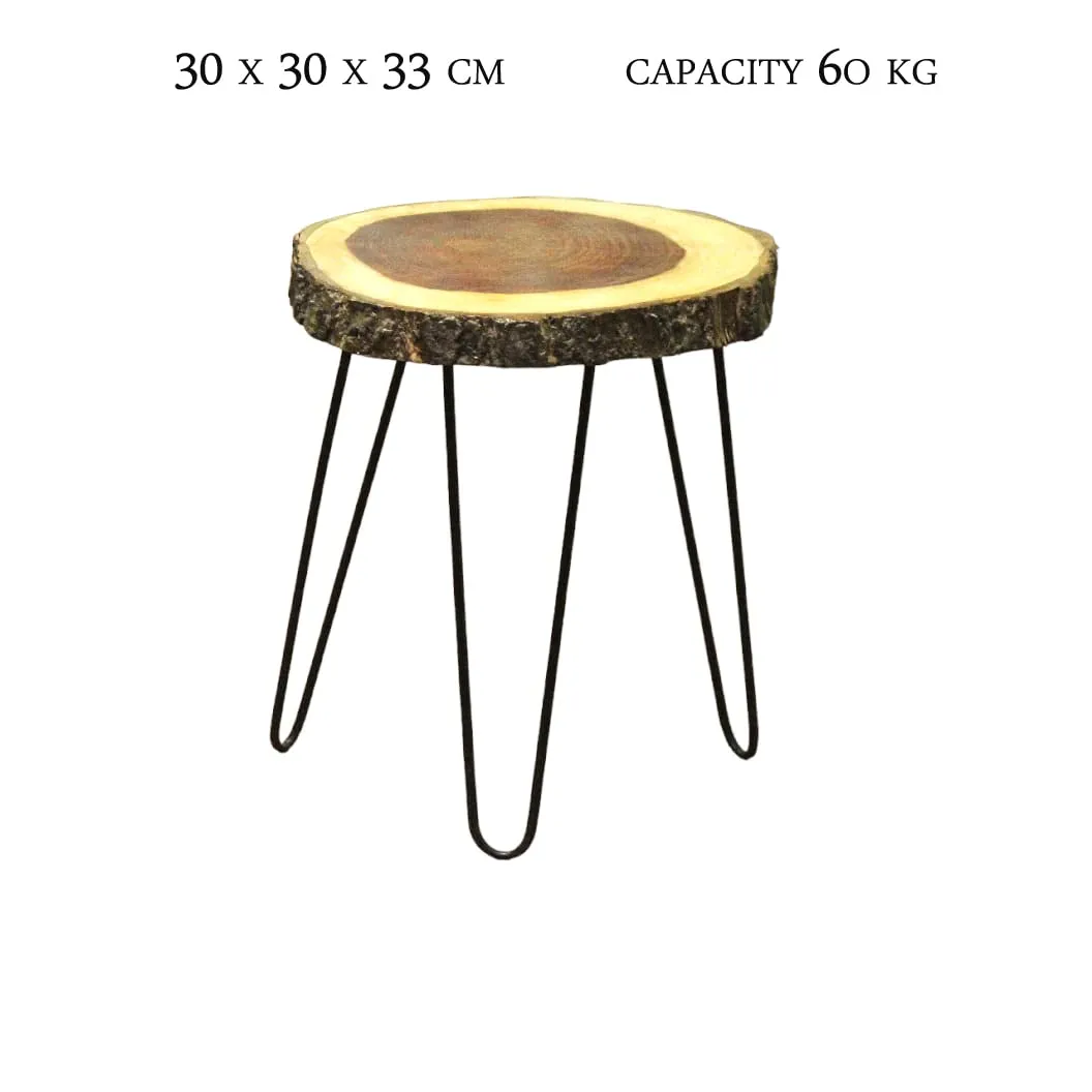 FANTASTIC STORE 9 Antique Wooden End Table | Small Side Table | Corner Stool Plant Stand for Bedroom, Living Room (Black Foldable Metal Legs) sheesham Wood with bark | Brown