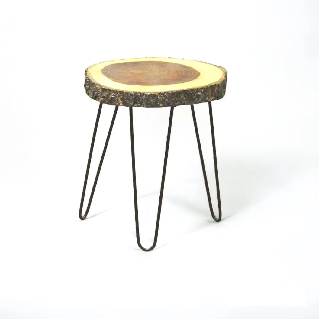 FANTASTIC STORE 9 Antique Wooden End Table | Small Side Table | Corner Stool Plant Stand for Bedroom, Living Room (Black Foldable Metal Legs) sheesham Wood with bark | Brown