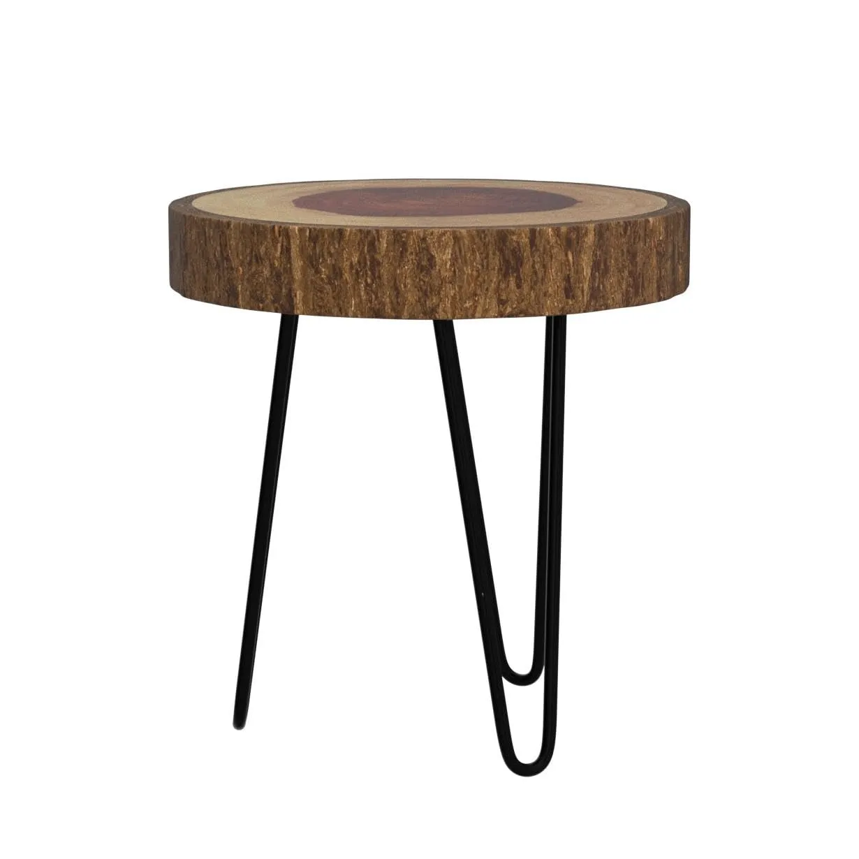 FANTASTIC STORE 9 Antique Wooden End Table | Small Side Table | Corner Stool Plant Stand for Bedroom, Living Room (Black Foldable Metal Legs) sheesham Wood with bark | Brown