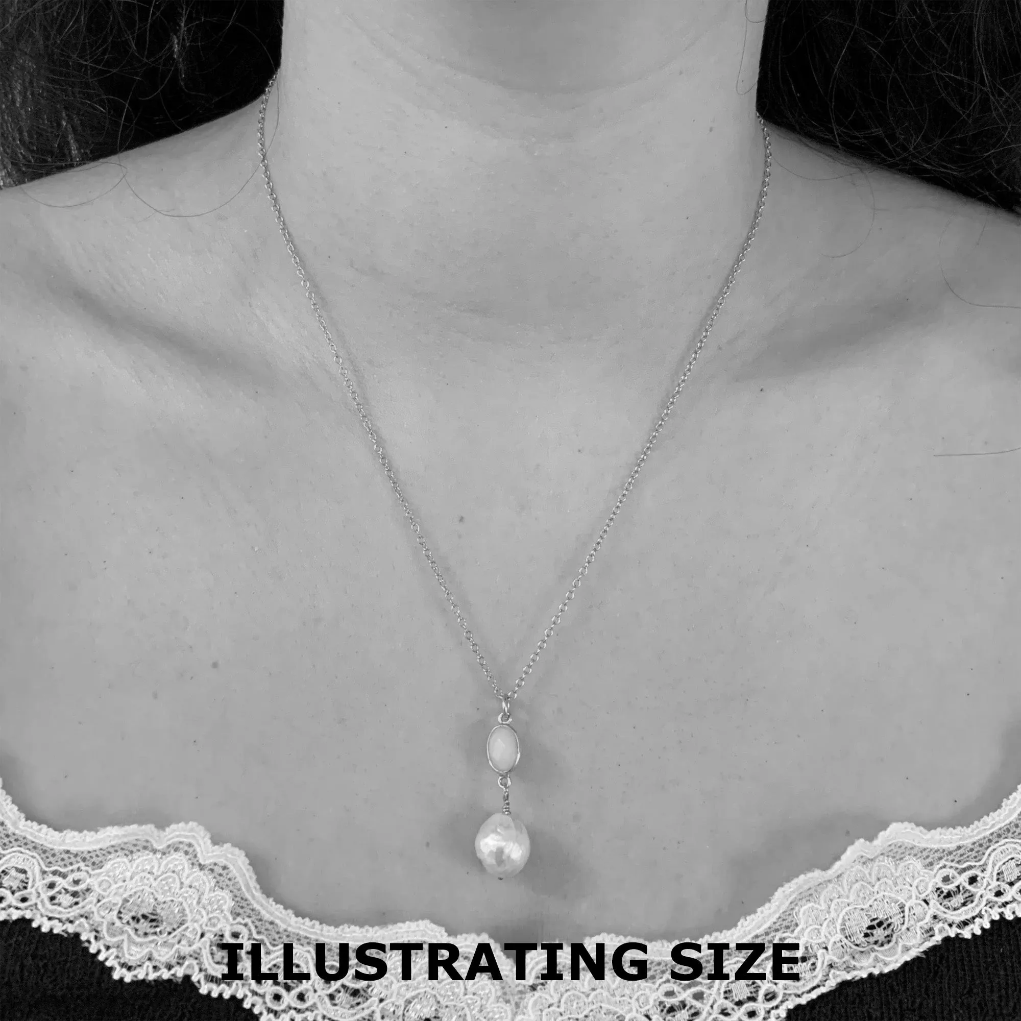 Gemstone necklace with green onyx crystal and large pearl pendant on gold cable chain