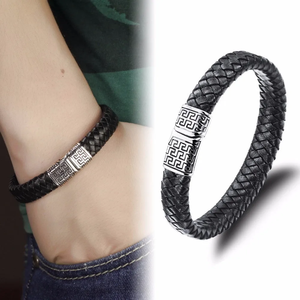 Genuine leather bracelet men stainless steel leather hand woven Bracelet with magnetic buckle punk rock