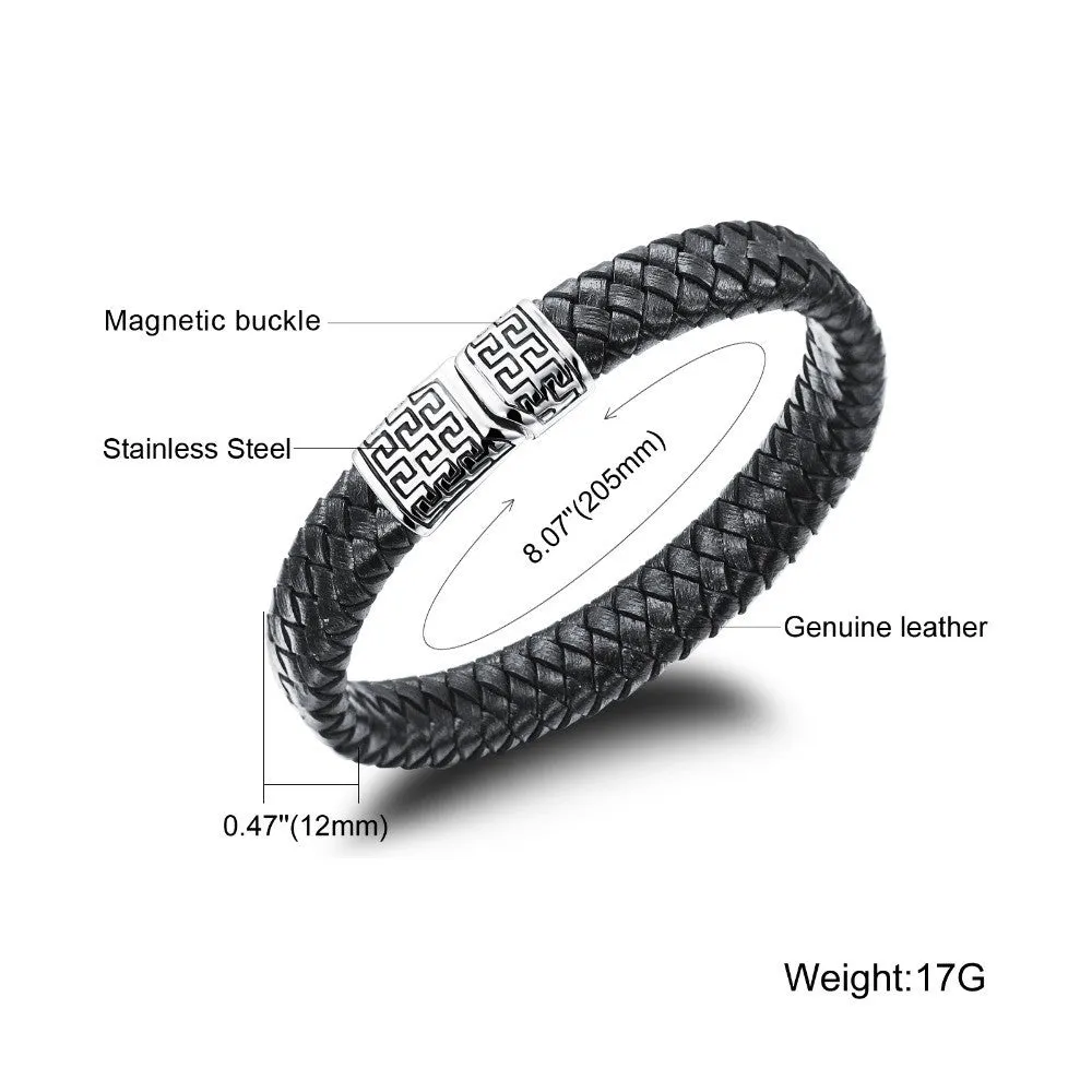Genuine leather bracelet men stainless steel leather hand woven Bracelet with magnetic buckle punk rock