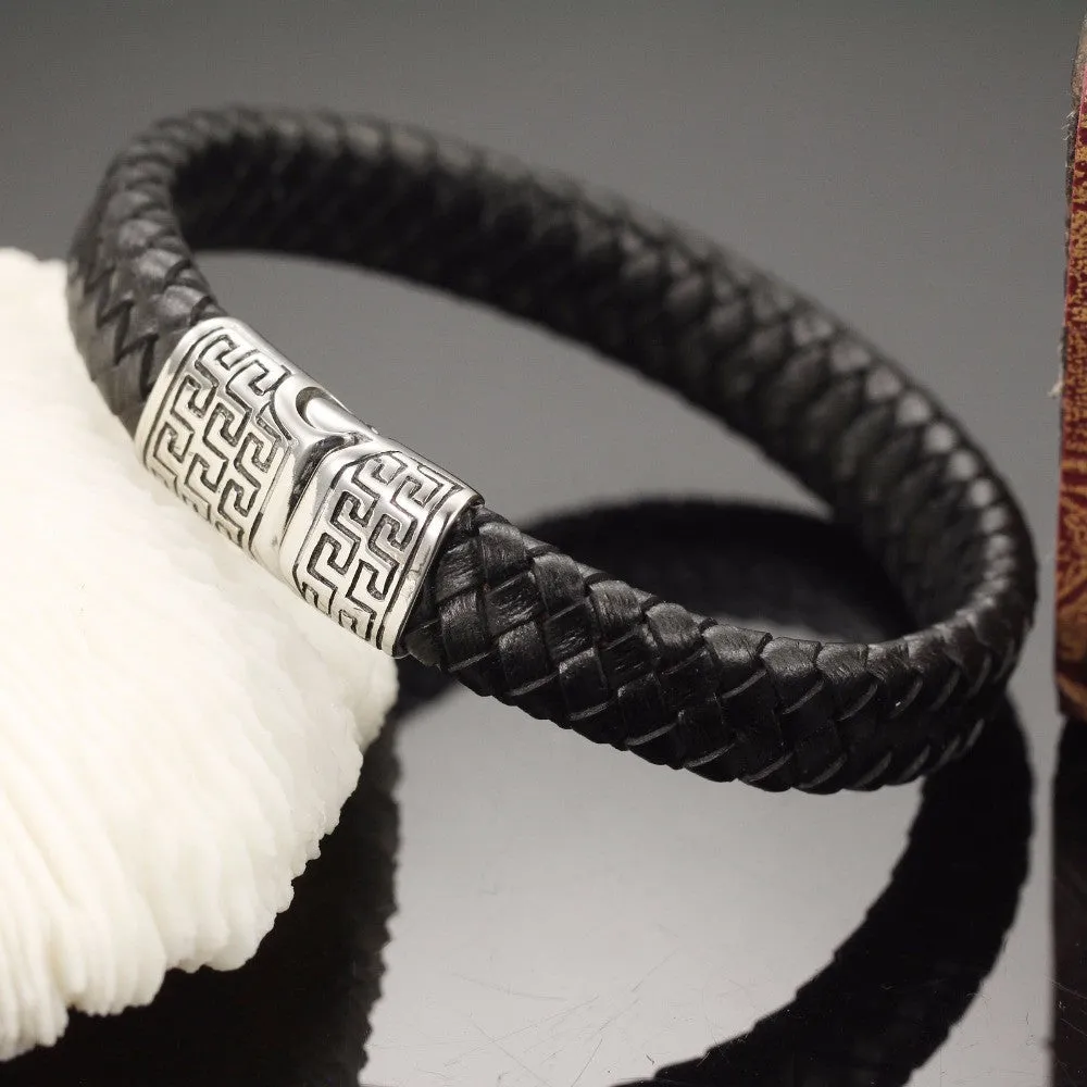 Genuine leather bracelet men stainless steel leather hand woven Bracelet with magnetic buckle punk rock