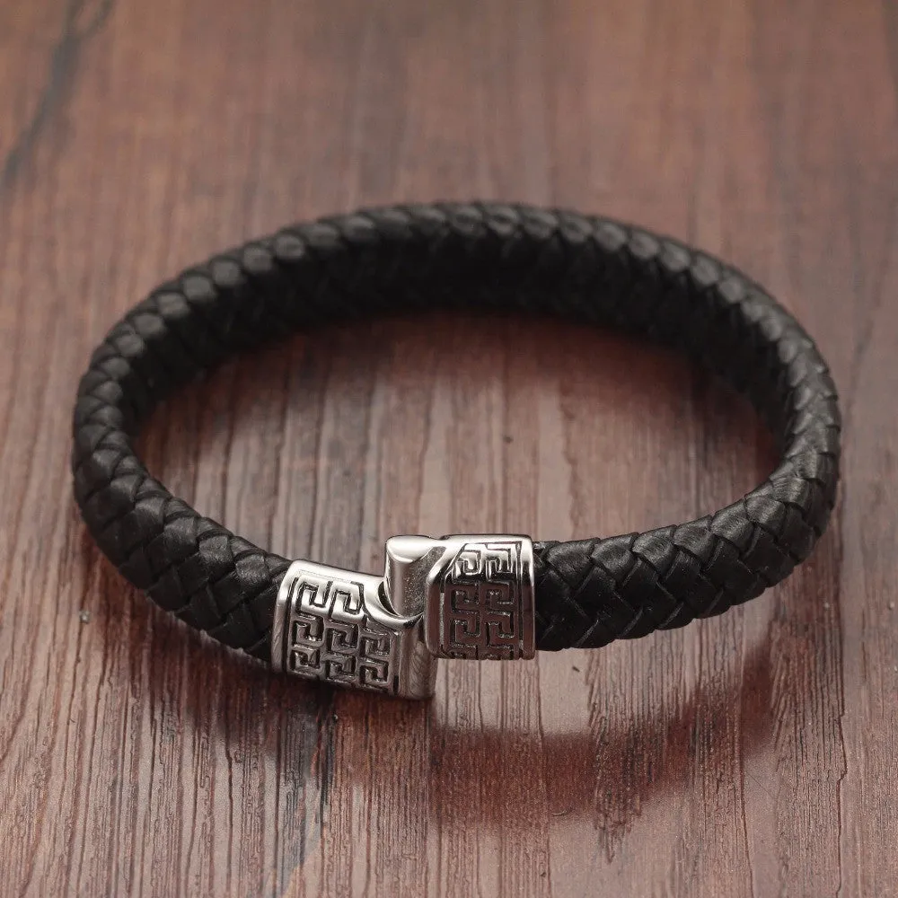 Genuine leather bracelet men stainless steel leather hand woven Bracelet with magnetic buckle punk rock
