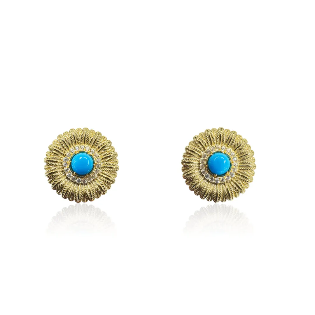 Gold Plated Sunflower Earring with Turquoise Center with CZ Halo