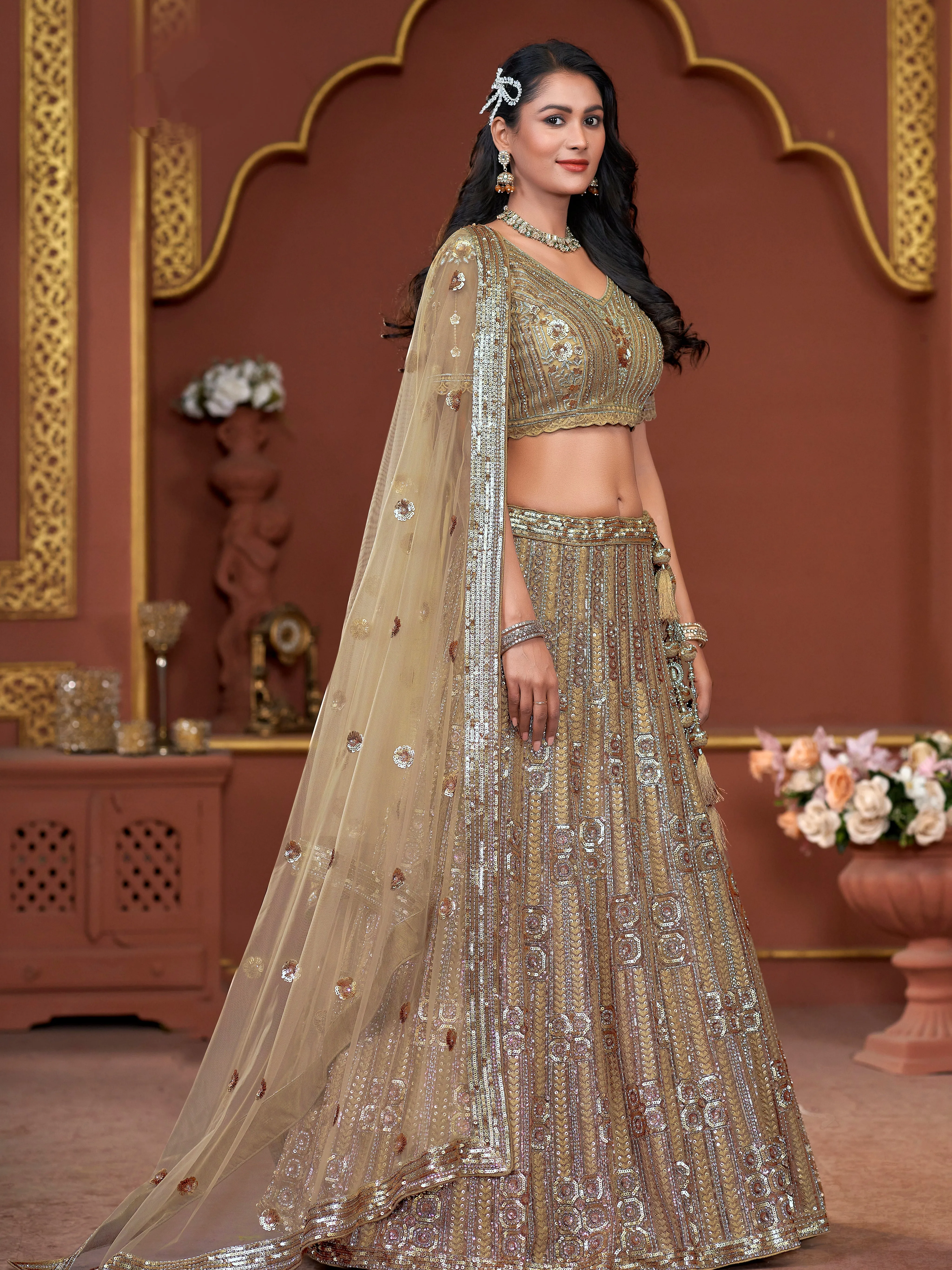 Golden Premium Net Bridal Lehenga