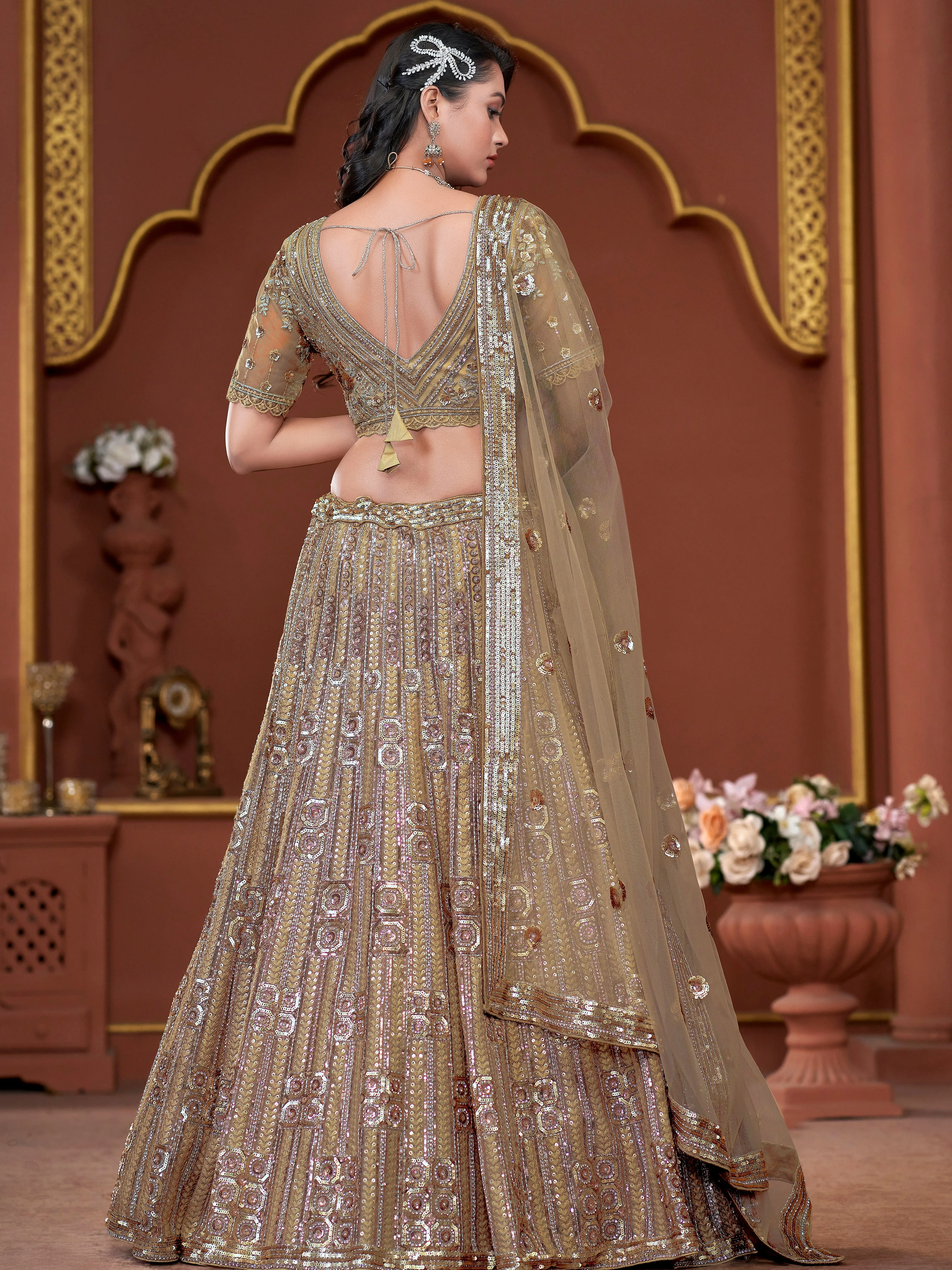 Golden Premium Net Bridal Lehenga