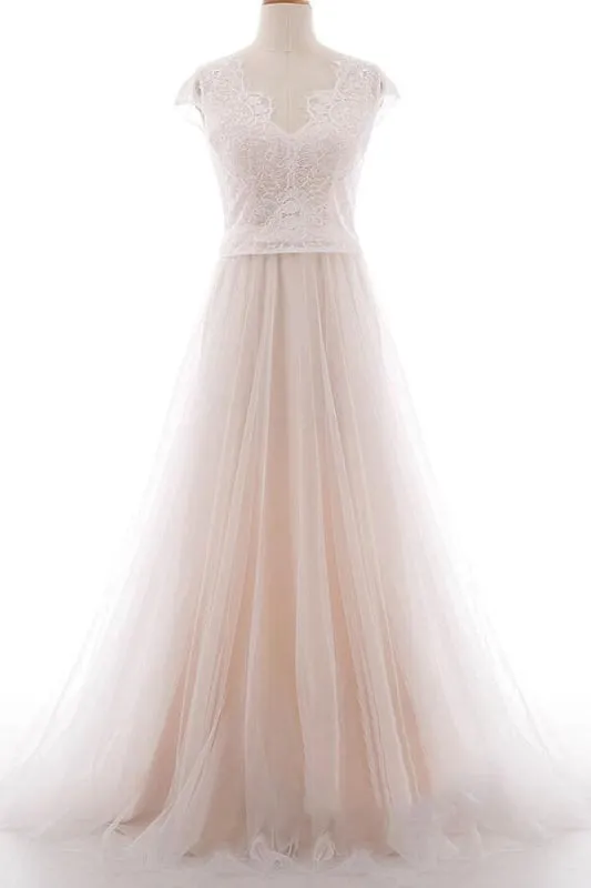 Graceful V-neck Lace Tulle A-line Wedding Dress