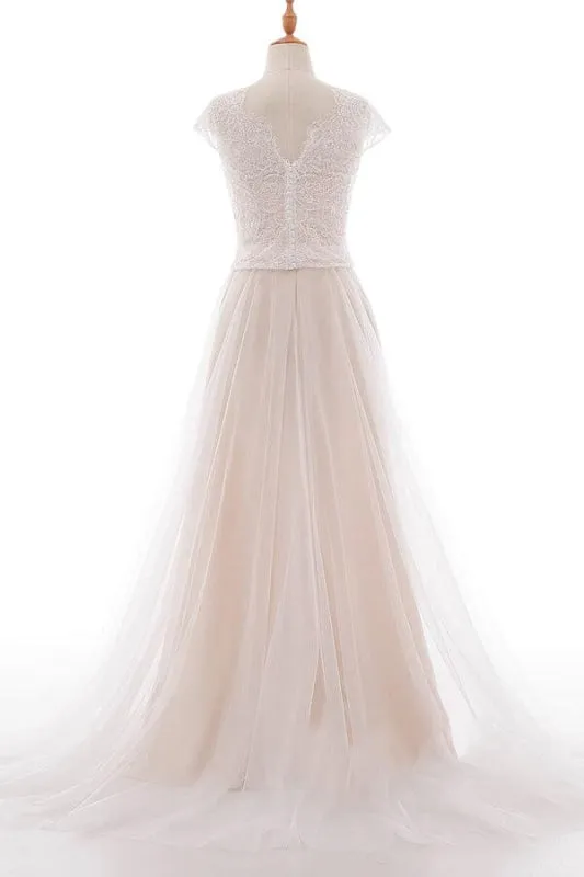 Graceful V-neck Lace Tulle A-line Wedding Dress