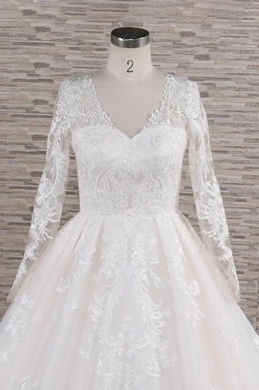 Graceful V-neck Long Sleeve Appliques Wedding Dress