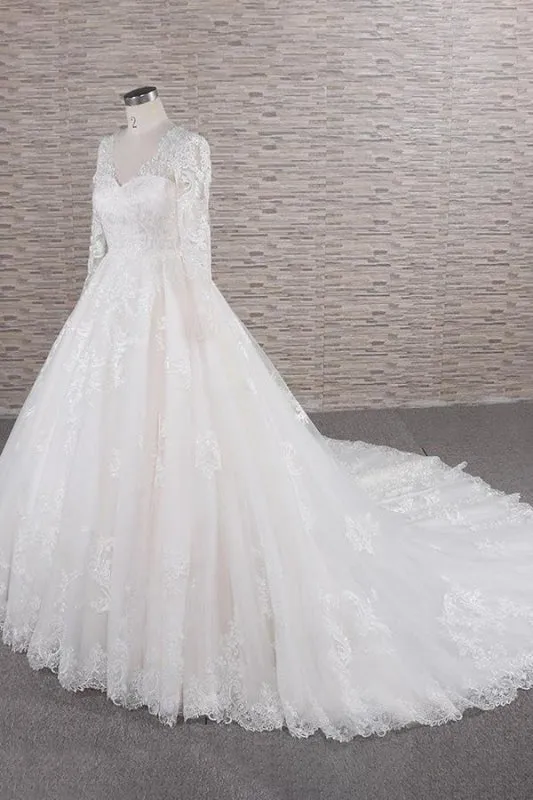 Graceful V-neck Long Sleeve Appliques Wedding Dress