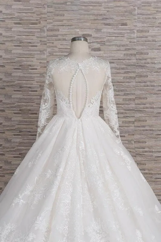 Graceful V-neck Long Sleeve Appliques Wedding Dress