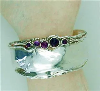 Hadar Designers Handmade 925 Sterling Silver Blue Opal Art Cuff Bracelet
