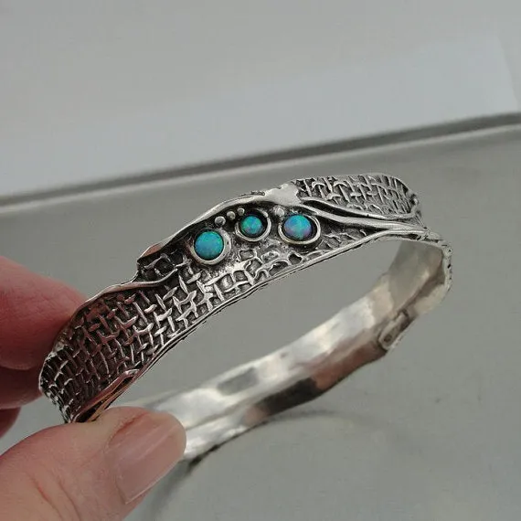 Hadar Designers Israel Handcrafted Artistic Solid Silver Fab Opal Bracelet October Birthstone Jewelry