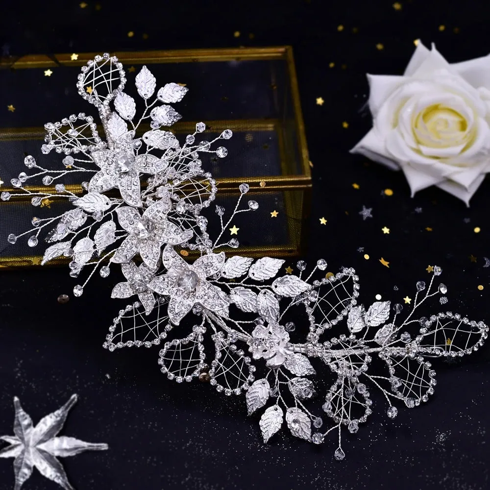 Handmade Bridal Headband Alloy Flower Headdress Rhinestone Hollow Leaf Headwear