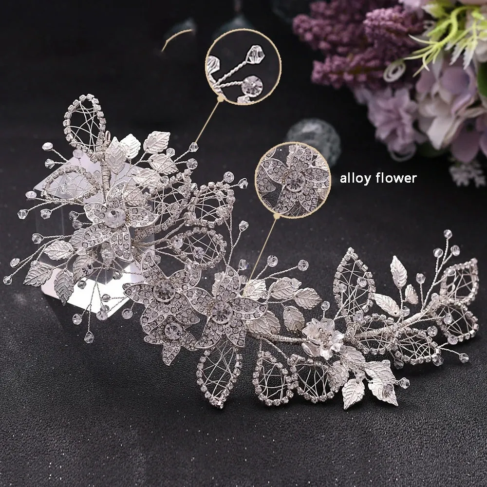 Handmade Bridal Headband Alloy Flower Headdress Rhinestone Hollow Leaf Headwear
