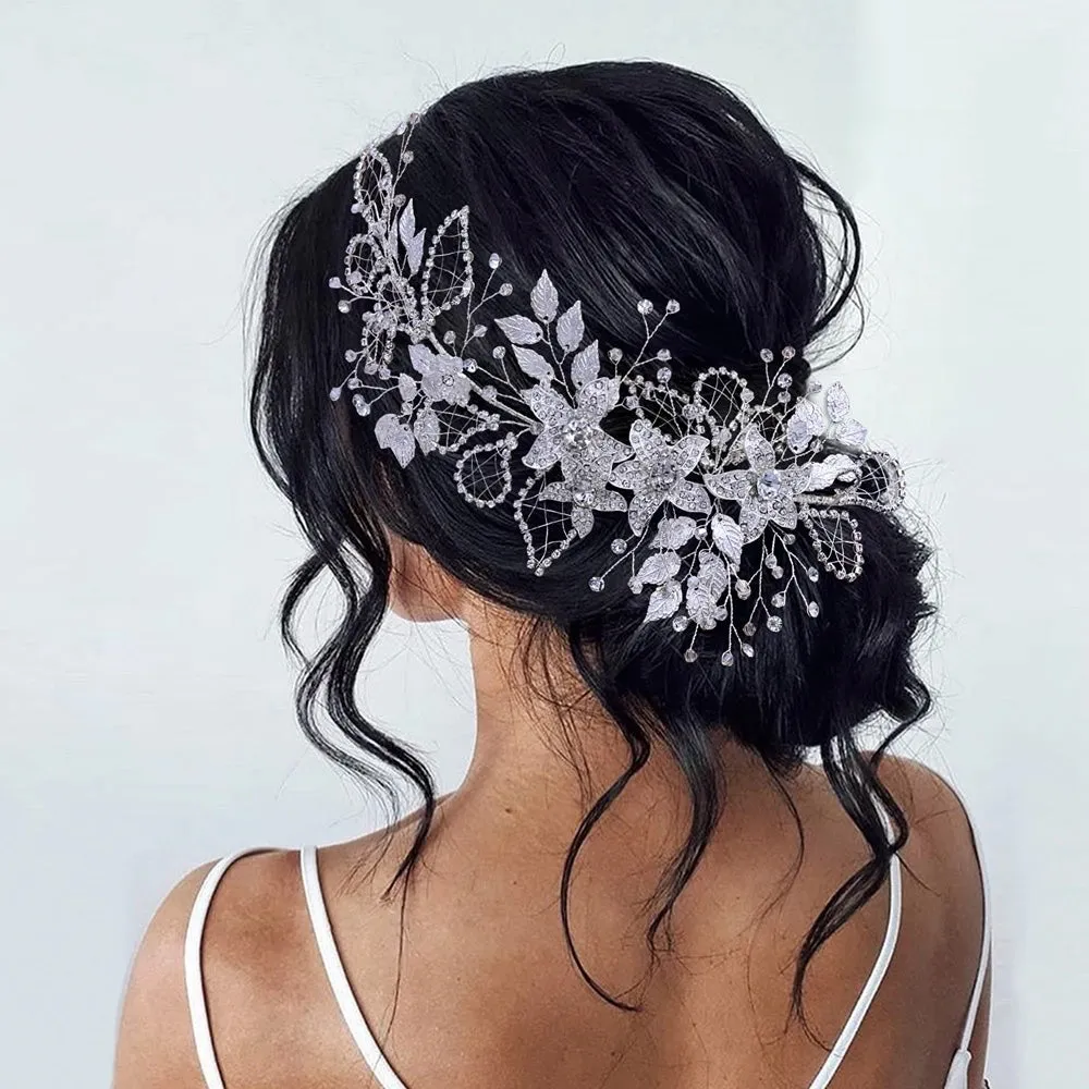 Handmade Bridal Headband Alloy Flower Headdress Rhinestone Hollow Leaf Headwear