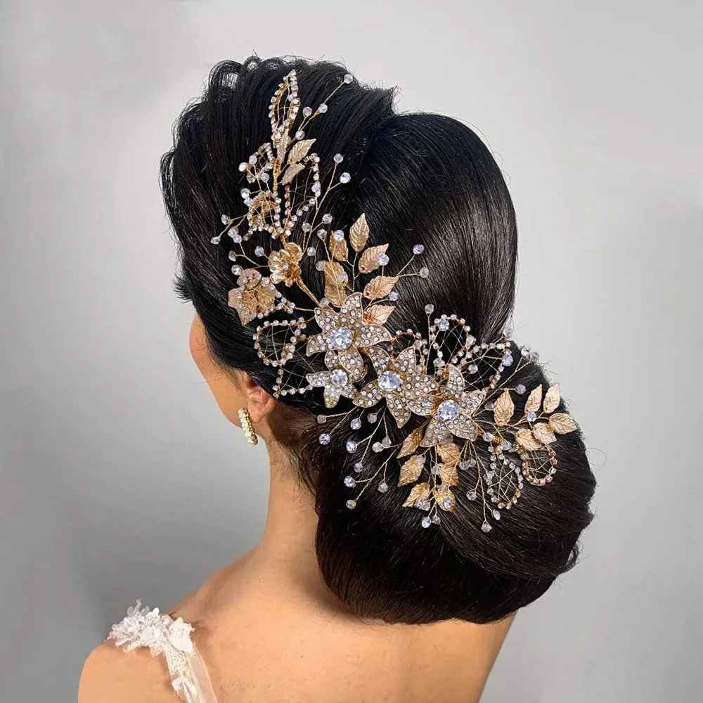 Handmade Bridal Headband Alloy Flower Headdress Rhinestone Hollow Leaf Headwear