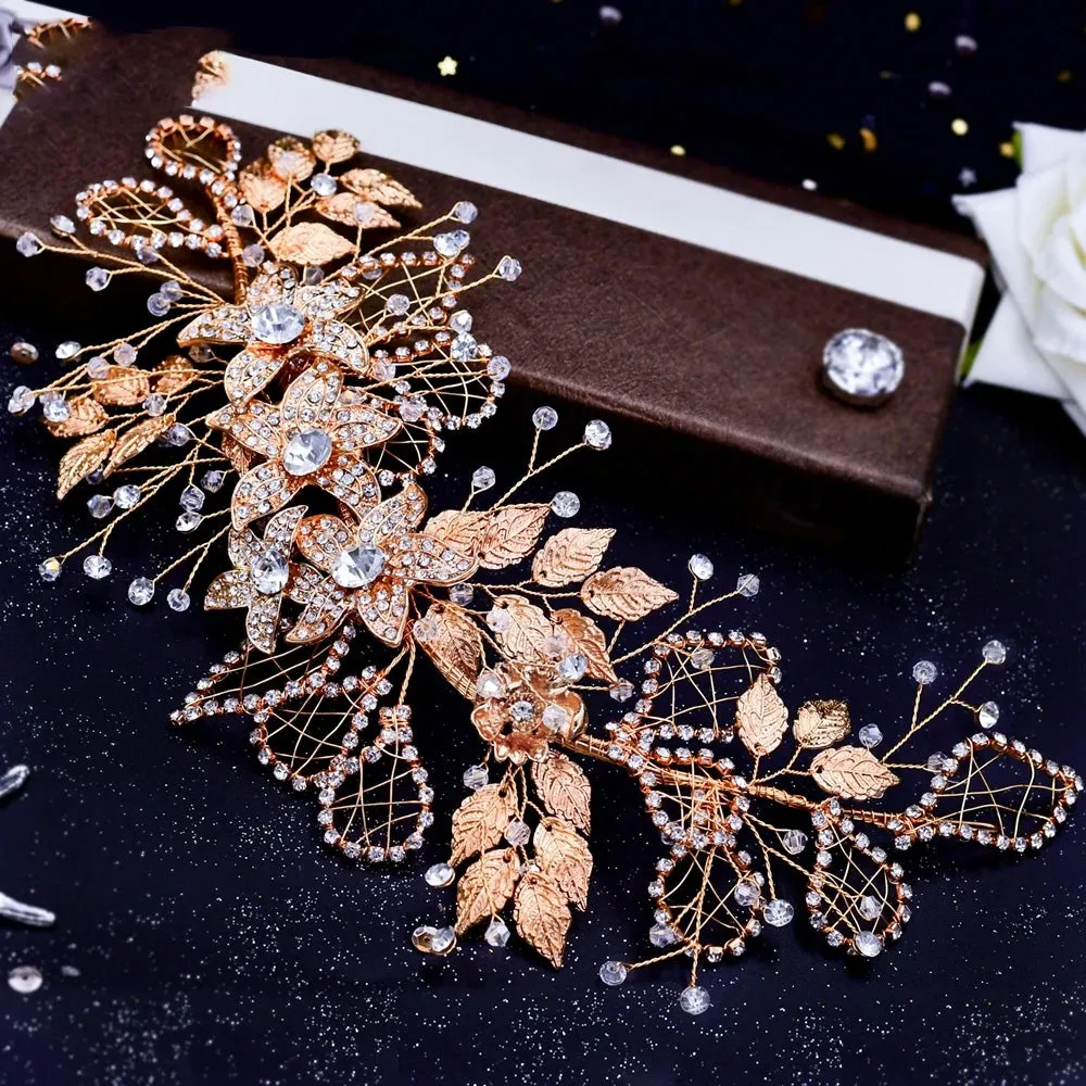 Handmade Bridal Headband Alloy Flower Headdress Rhinestone Hollow Leaf Headwear