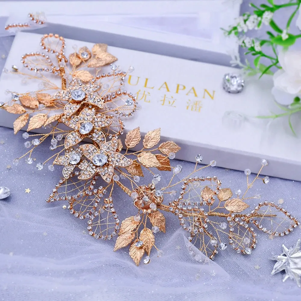 Handmade Bridal Headband Alloy Flower Headdress Rhinestone Hollow Leaf Headwear