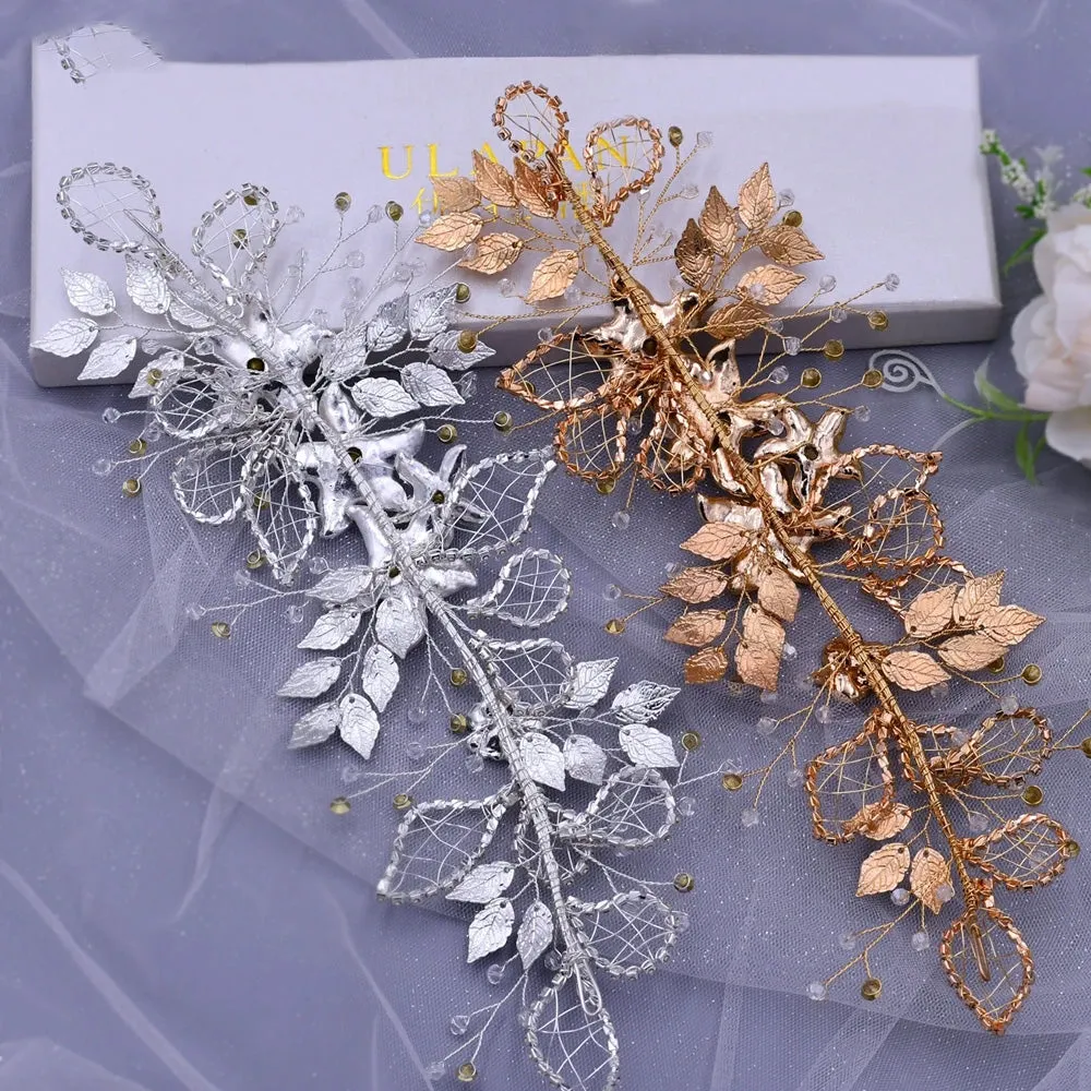 Handmade Bridal Headband Alloy Flower Headdress Rhinestone Hollow Leaf Headwear