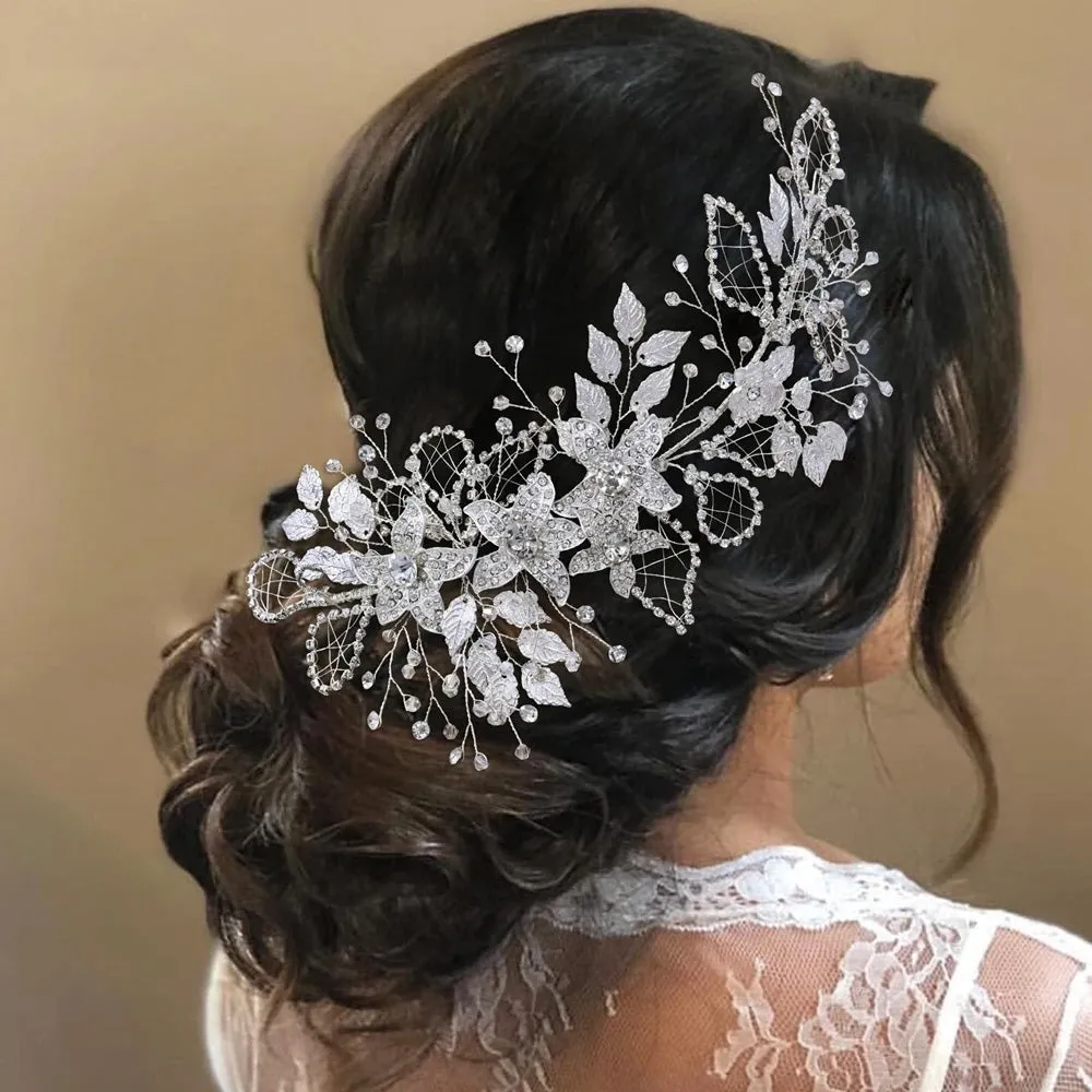 Handmade Bridal Headband Alloy Flower Headdress Rhinestone Hollow Leaf Headwear