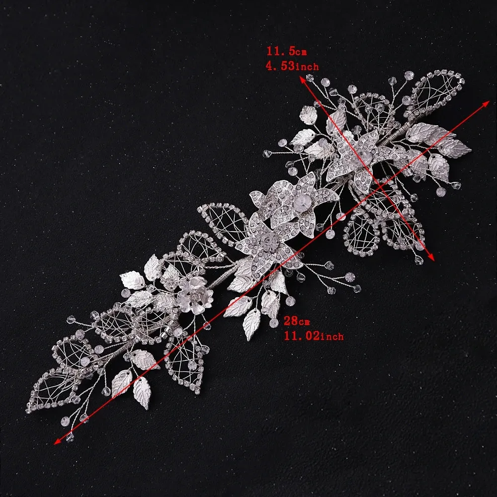 Handmade Bridal Headband Alloy Flower Headdress Rhinestone Hollow Leaf Headwear