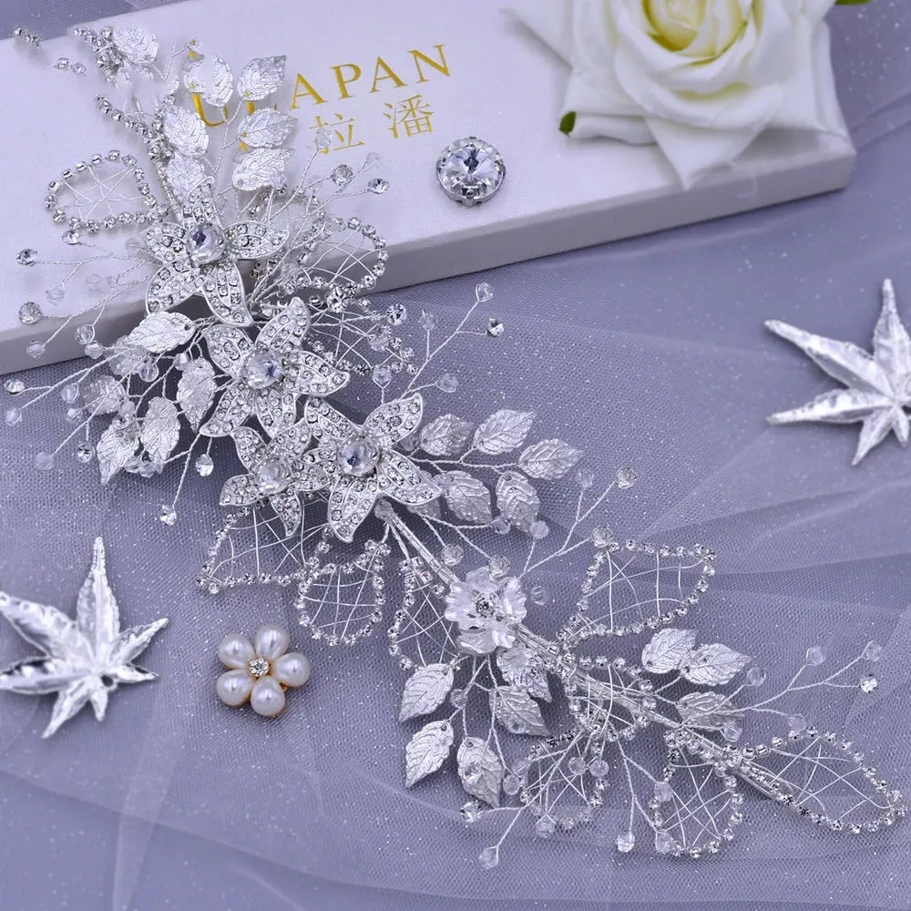 Handmade Bridal Headband Alloy Flower Headdress Rhinestone Hollow Leaf Headwear
